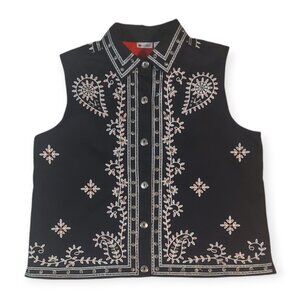 Vintage Units Black Embroidered Western Vest Women XL Studded Paisley Cowgirl